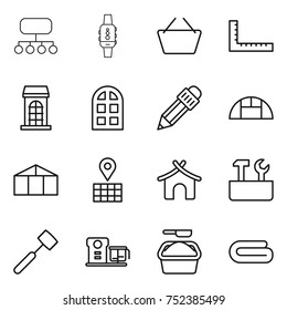 thin line icon set : structure, smart watch, basket, ruler, building, arch window, pencil, greenhouse, map, bungalow, repair tools, meat hammer, food processor, washing powder, towel