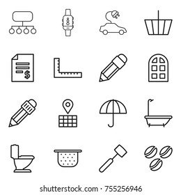 thin line icon set : structure, smart watch, electric car, basket, account balance, ruler, pencil, arch window, map, dry cargo, bath, toilet, colander, meat hammer, coffee seeds
