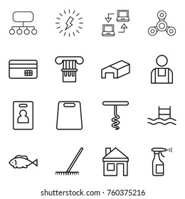 Thin line icon set : structure, lightning, notebook connect, spinner, credit card, column, warehouse, workman, identity, cutting board, corkscrew, pool, fish, rake, house, sprayer