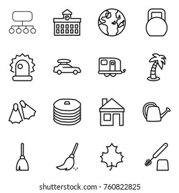 Thin line icon set : structure, university, globe, heavy, alarm, car baggage, trailer, palm, flippers, pancakes, house, watering can, broom, maple leaf, toilet brush