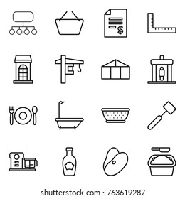 Thin line icon set : structure, basket, account balance, ruler, building, tower crane, greenhouse, detector, cafe, bath, colander, meat hammer, food processor, ketchup, beans, washing powder