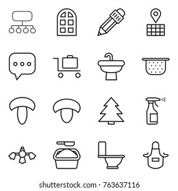 Thin line icon set : structure, arch window, pencil, map, sms, baggage trolley, sink, colander, mushroom, spruce, sprayer, hard reach place cleaning, washing powder, toilet, apron