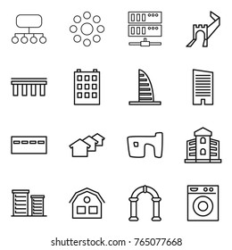 Thin line icon set : structure, round around, server, greate wall, bridge, building, skyscraper, bunker, houses, slum, district, house, arch, washing machine