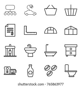 Thin line icon set : structure, electric car, basket, account balance, ruler, greenhouse, detector, sink, bath, nightstand, food processor, ketchup, coffee seeds, toilet