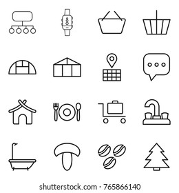 Thin line icon set : structure, smart watch, basket, greenhouse, map, sms, bungalow, cafe, baggage trolley, water tap, bath, mushroom, coffee seeds, spruce
