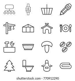 Thin line icon set : structure, smart watch, basket, pencil, tower crane, greenhouse, bungalow, cafe, repair tools, colander, mushroom, coffee seeds, spruce, toilet, apron, towel