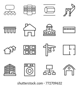Thin line icon set : structure, server, nano tube, greate wall, bridge, home, mansion, bunker, houses, panel house, tower crane, plan, office, washing machine, hierarchy, barn