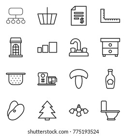 Thin line icon set : structure, basket, account balance, ruler, building, sorting, water tap, nightstand, colander, food processor, mushroom, ketchup, beans, spruce, hard reach place cleaning