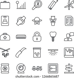 Thin Line Icon Set - suitcase vector, baggage larry, case, flower in pot, garden knife, seeds, fertilizer, doctor, implant, joint, speaker, scanner, sim, cellular signal, identity card, lock, sushi