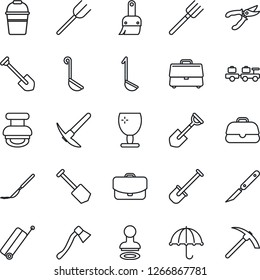 Thin Line Icon Set - suitcase vector, stamp, baggage larry, job, shovel, farm fork, bucket, pruner, axe, scalpel, fragile, umbrella, themes, case, ladle, hard work