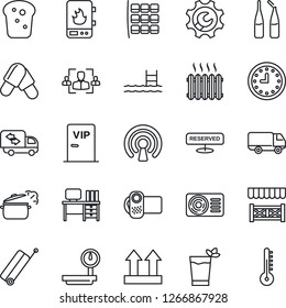 Thin Line Icon Set - suitcase vector, seat map, desk, pills, ampoule, car delivery, clock, up side sign, heavy scales, video camera, root setup, hr, pool, moving, heater, air conditioner, reserved