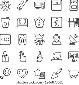Thin Line Icon Set - suitcase vector, vip, desk, coffee, factory, statistic monitor, trowel, heart, blood test vial, diagnostic, scales, virus, pin, satellite antenna, touch screen, speaker, themes