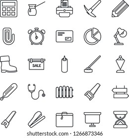 Thin Line Icon Set - suitcase vector, alarm clock, signpost, pennant, presentation board, pencil, printer, fence, boot, saw, hoe, stethoscope, thermometer, mail, calculator, paper clip, pie graph