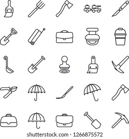 Thin Line Icon Set - suitcase vector, umbrella, stamp, baggage larry, job, shovel, farm fork, bucket, pruner, axe, scalpel, themes, case, ladle, hard work