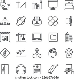 Thin Line Icon Set - suitcase vector, departure, diagnosis, patch, joint, doctor, speaker, equalizer, video camera, headphones, laptop pc, folder, calendar, cellular signal, sertificate, printer