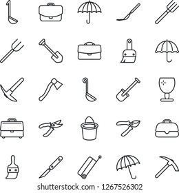 Thin Line Icon Set - suitcase vector, umbrella, job, shovel, farm fork, bucket, pruner, axe, scalpel, fragile, themes, case, ladle, hard work