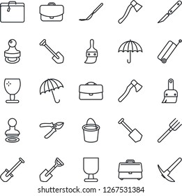 Thin Line Icon Set - suitcase vector, umbrella, stamp, job, shovel, farm fork, bucket, pruner, axe, scalpel, fragile, themes, case, hard work