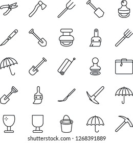 Thin Line Icon Set - suitcase vector, umbrella, stamp, job, shovel, farm fork, bucket, pruner, axe, scalpel, fragile, themes, hard work