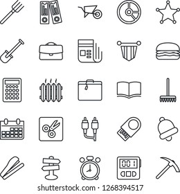 Thin Line Icon Set - suitcase vector, alarm clock, book, pennant, office binder, calendar, circle chart, shovel, farm fork, rake, wheelbarrow, signpost, news, rca, stopwatch, bell, cut, case, heater