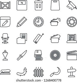 Thin Line Icon Set - suitcase vector, office chair, pennant, abacus, sickle, caterpillar, scales, clock, container, clapboard, vinyl, notes, document folder, pencil, book, stapler, heater, knife