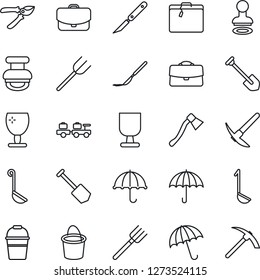 Thin Line Icon Set - suitcase vector, umbrella, stamp, baggage larry, job, farm fork, bucket, pruner, axe, scalpel, fragile, case, ladle, hard work