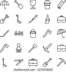 Thin Line Icon Set - suitcase vector, umbrella, stamp, baggage larry, job, shovel, farm fork, bucket, pruner, axe, scalpel, fragile, themes, case, ladle, hard work