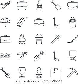 Thin Line Icon Set - suitcase vector, stamp, baggage larry, job, shovel, farm fork, bucket, pruner, scalpel, fragile, umbrella, themes, case, ladle, hard work