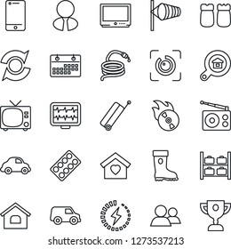 Thin Line Icon Set - suitcase vector, tv, wind, luggage storage, boot, hose, monitor pulse, pills blister, car delivery, flame disk, radio, cell phone, group, eye id, charge, update, calendar, house