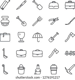 Thin Line Icon Set - suitcase vector, baggage larry, job, shovel, farm fork, bucket, pruner, axe, scalpel, fragile, umbrella, themes, case, stamp, ladle, hard work