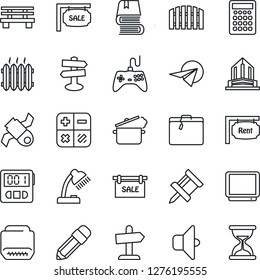 Thin Line Icon Set - suitcase vector, calculator, bench, signpost, satellite, gamepad, tv, hdmi, stopwatch, drawing pin, desk lamp, pencil, book, fence, sale, rent, heater, steaming pan, sound
