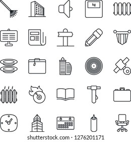 Thin Line Icon Set - suitcase vector, office building, book, case, pennant, tie, rake, scales, signpost, satellite, vinyl, flame disk, news, clock, calendar, presentation board, pencil, heater