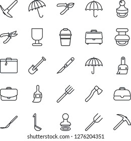 Thin Line Icon Set - suitcase vector, umbrella, stamp, shovel, farm fork, bucket, pruner, axe, scalpel, fragile, themes, case, ladle, hard work