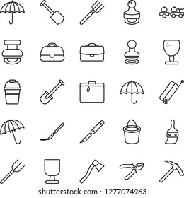 Thin Line Icon Set - suitcase vector, umbrella, stamp, baggage larry, job, shovel, farm fork, bucket, pruner, axe, scalpel, fragile, themes, case, hard work