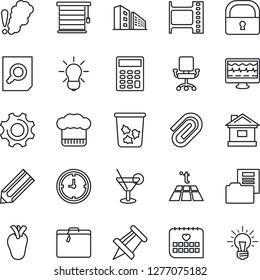 Thin Line Icon Set - suitcase vector, trash bin, document search, drawing pin, pencil, house, monitor pulse, real heart, medical calendar, clock, film frame, settings, lock, paper clip, folder, bulb