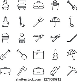 Thin Line Icon Set - suitcase vector, umbrella, stamp, job, shovel, farm fork, bucket, pruner, axe, scalpel, themes, case, ladle, hard work