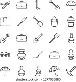 Thin Line Icon Set - suitcase vector, umbrella, stamp, baggage larry, job, shovel, farm fork, bucket, pruner, scalpel, themes, case, ladle, hard work
