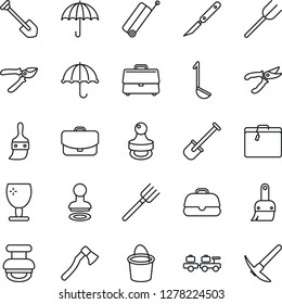 Thin Line Icon Set - suitcase vector, stamp, baggage larry, job, shovel, farm fork, bucket, pruner, axe, scalpel, fragile, umbrella, themes, case, ladle, hard work