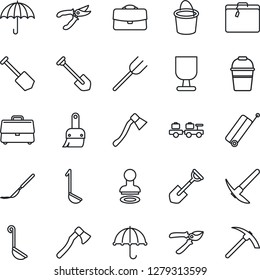Thin Line Icon Set - suitcase vector, stamp, baggage larry, job, shovel, farm fork, bucket, pruner, axe, scalpel, fragile, umbrella, themes, case, ladle, hard work