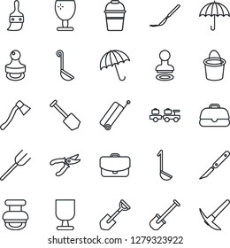 Thin Line Icon Set - suitcase vector, umbrella, stamp, baggage larry, job, shovel, farm fork, bucket, pruner, axe, scalpel, fragile, themes, ladle, case, hard work