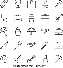 Thin Line Icon Set - suitcase vector, umbrella, stamp, shovel, farm fork, bucket, pruner, axe, scalpel, fragile, themes, case, hard work