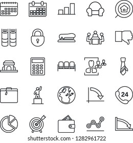 Thin Line Icon Set - suitcase vector, waiting area, lock, book, pedestal, crisis graph, calendar, 24 hours, term, finger down, bar, pie, hr, calculator, point, meeting, tie, stapler, estate search