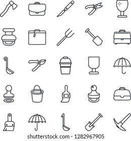 Thin Line Icon Set - suitcase vector, stamp, job, shovel, farm fork, bucket, pruner, axe, scalpel, fragile, umbrella, themes, case, ladle, hard work