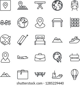 Thin Line Icon Set - suitcase vector, train, signpost, baggage larry, plane, seat map, globe, case, picnic table, navigation, earth, pin, sea shipping, place tag, mountains, bedroom, air balloon