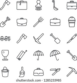 Thin Line Icon Set - suitcase vector, umbrella, stamp, baggage larry, job, shovel, farm fork, bucket, pruner, axe, scalpel, fragile, themes, case, ladle, hard work