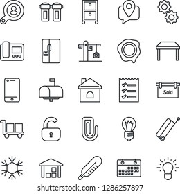 Thin Line Icon Set - suitcase vector, bulb, stamp, house, thermometer, mobile tracking, cargo, warehouse, cell phone, calendar, paper clip, checklist, archive box, sold signboard, client search