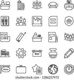 Thin Line Icon Set - suitcase vector, waiting area, case, pedestal, team, document, manager place, pencil, printer, earth, favorites list, settings, scanner, news, desk, contract, stamp, company
