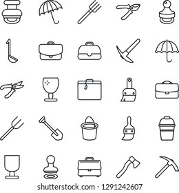 Thin Line Icon Set - suitcase vector, umbrella, stamp, job, farm fork, bucket, pruner, axe, fragile, themes, case, ladle, hard work