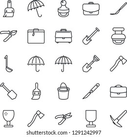 Thin Line Icon Set - suitcase vector, umbrella, job, shovel, bucket, pruner, axe, scalpel, fragile, themes, case, stamp, ladle, hard work