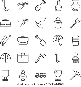 Thin Line Icon Set - suitcase vector, umbrella, stamp, baggage larry, job, shovel, farm fork, bucket, pruner, axe, fragile, themes, ladle, case, hard work
