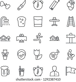 Thin Line Icon Set - suitcase vector, shower, flower in pot, ladder, garden knife, run, real heart, broken bone, signpost, tulip, shield, user, alarm, music, manager, house with tree, drink, beer